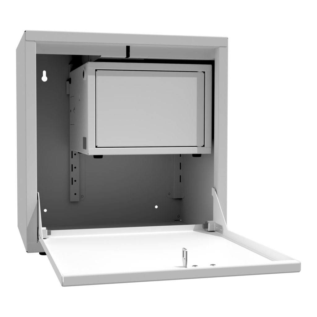 Ett digitalt medicinskåp med ett mindre medicinskåp monterat inuti. Det mindre skåpet är stängt.