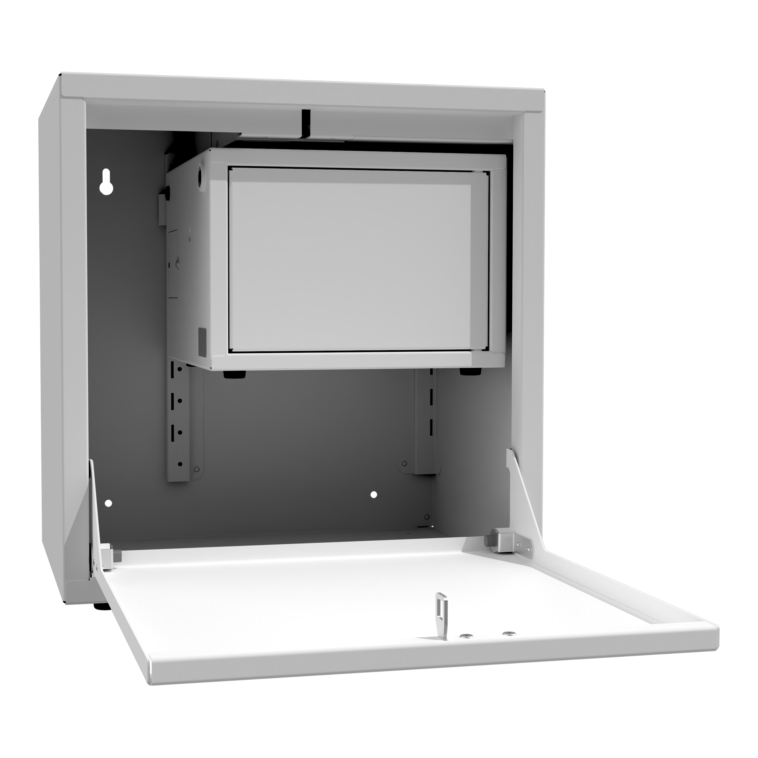 Ett digitalt medicinskåp med ett mindre medicinskåp monterat inuti. Det mindre skåpet är stängt.