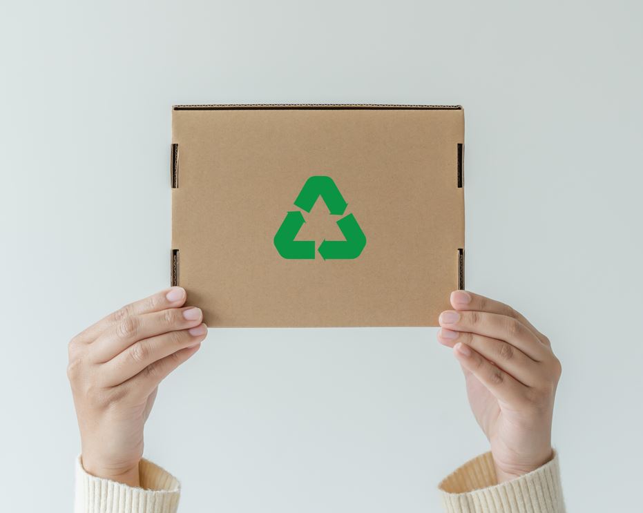 Händer som håller upp en låda med återvinningsymbol