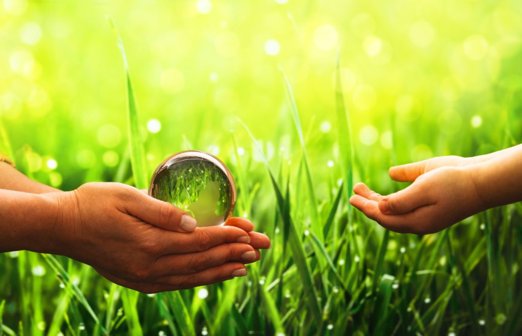 bild med gräs och händer som håller i en glaskula